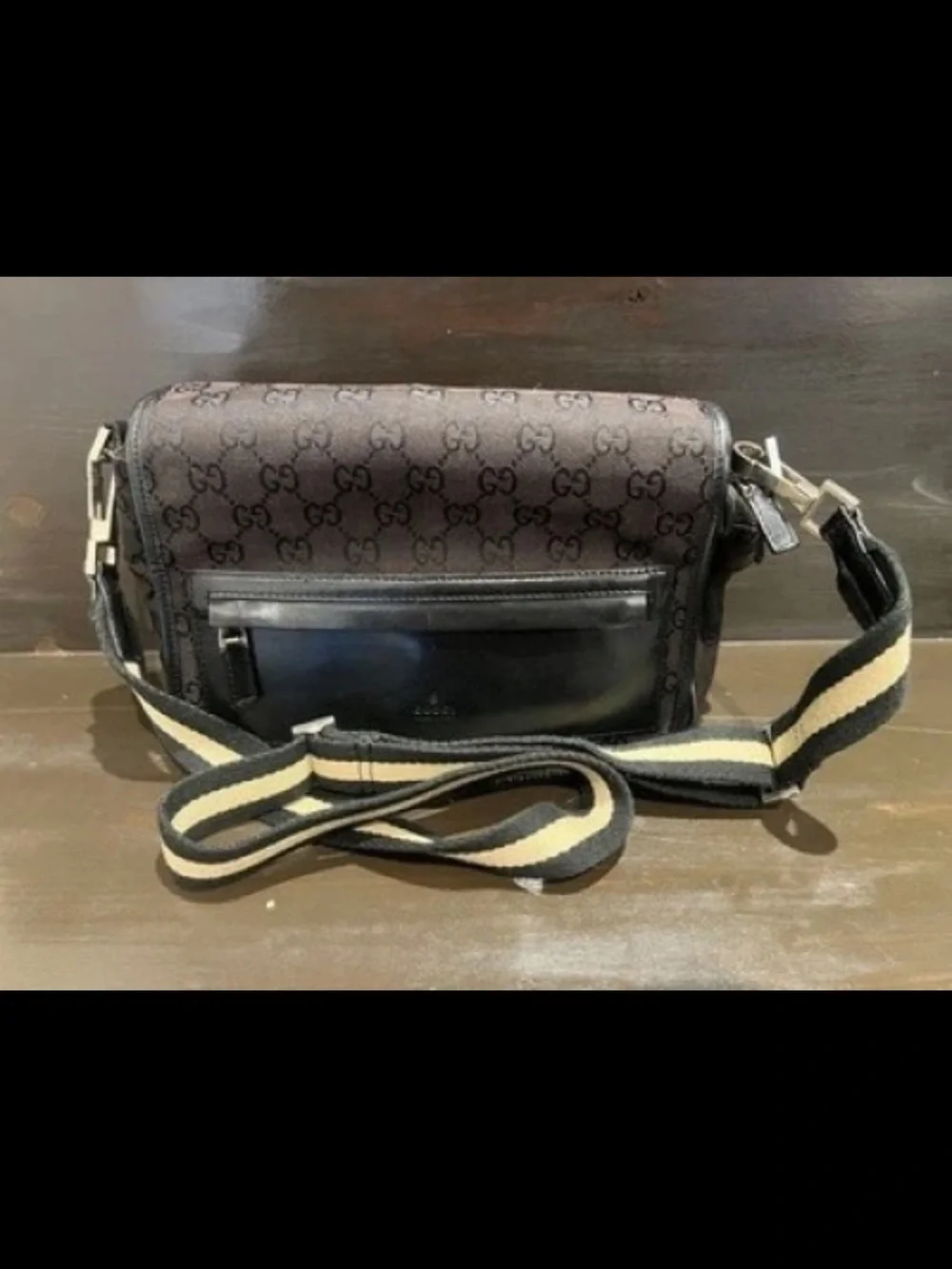 Gucci Brown Monogram Messenger Bag with Black Leather Pocket